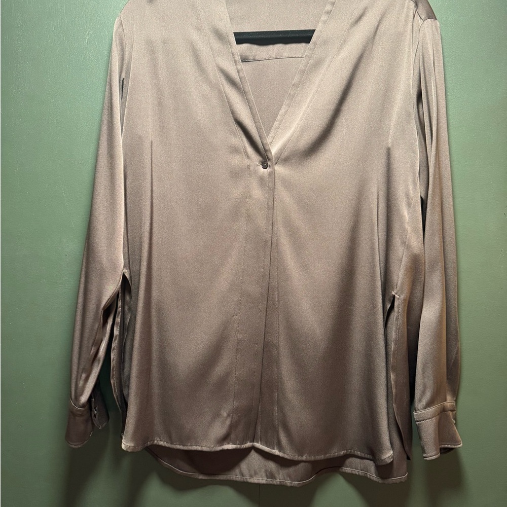Vince Women's Blouse in Olive Green Silk, Slits on the sides